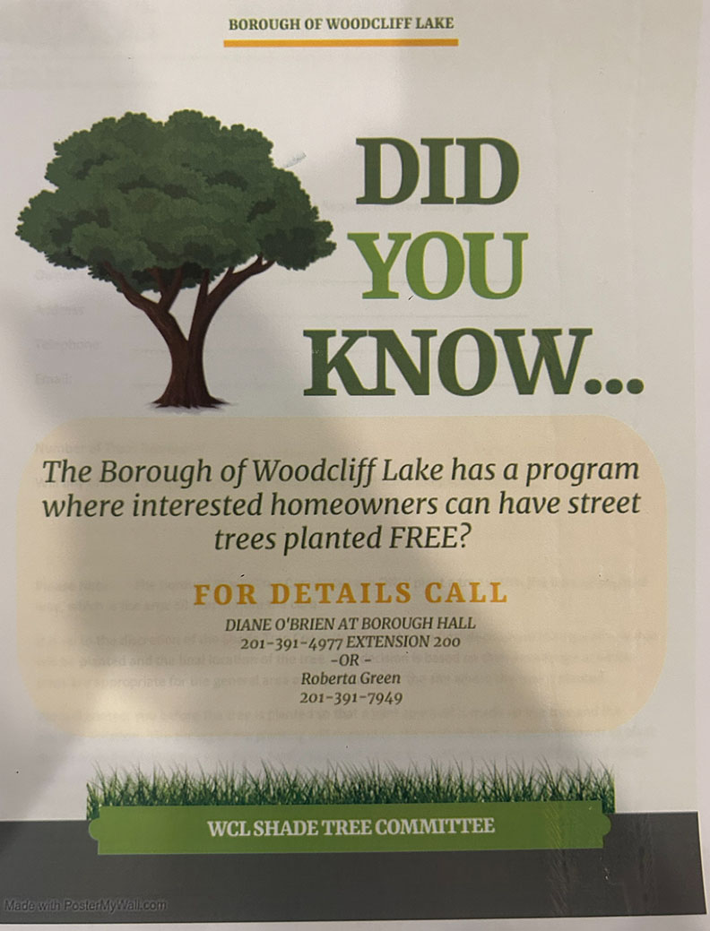 A picture of an add about Woodcliff Lake's planting street trees for free.