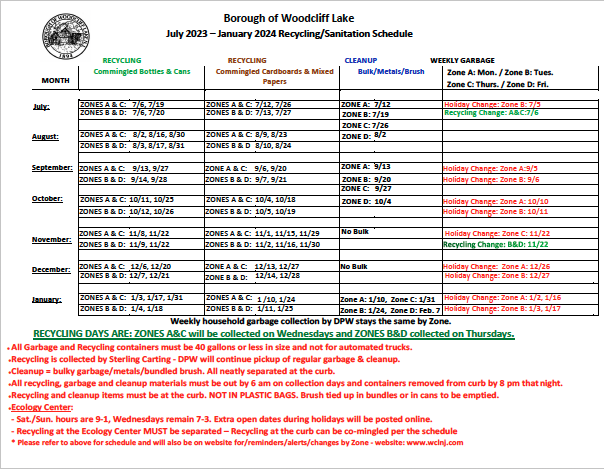 Woodcliff Lake NJ - Recycling and Sanitation Pick Up Schedule July 2023