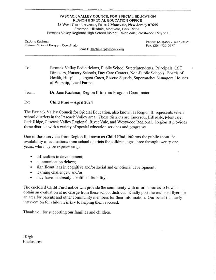 Pascack Valley Child Find notice image page 1
