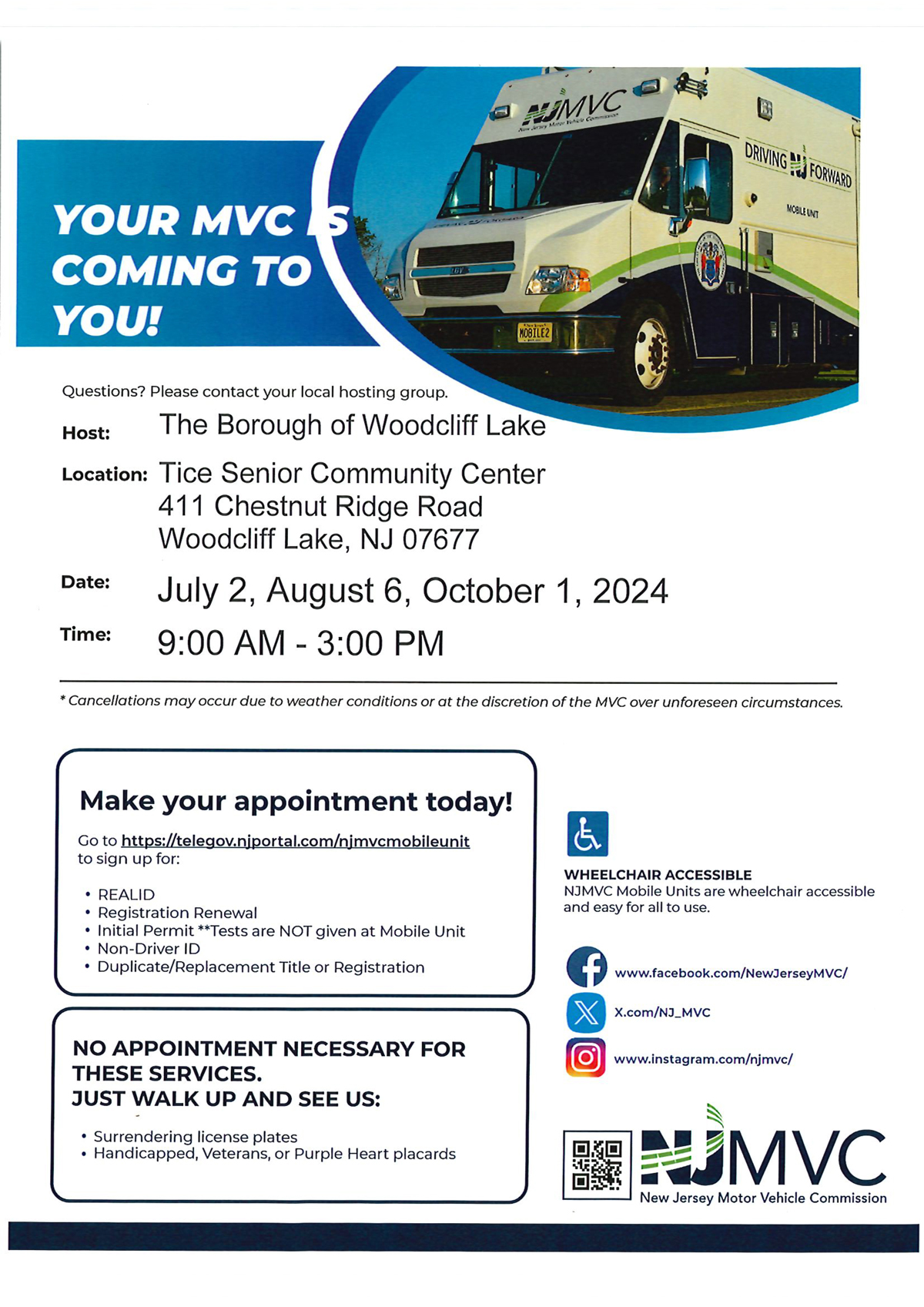 MVC Mobile Unit flyer for Woodcliff Lake. Click to open an OCR scanned PDF version of this flyer