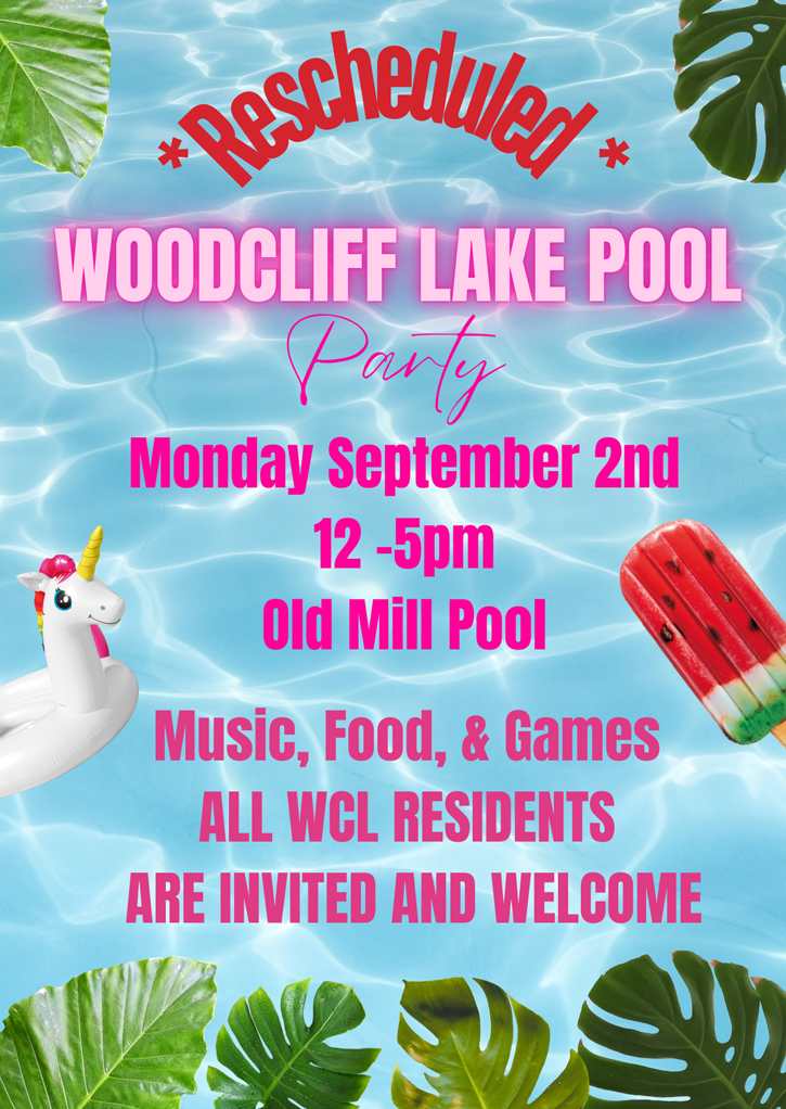 Rescheduled Woodcliff Lake Pool Party flyer. Click to open an OCR scanned PDF version.