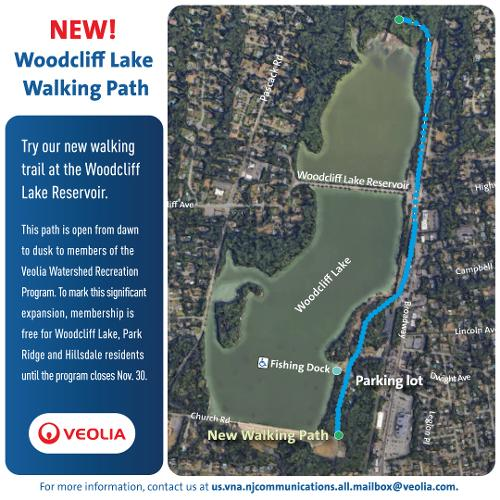 A map showing the Veolia Woodcliff Lake Walking Path. It covers a length of Woodcliff Lake. Click to open a PDF version of it.