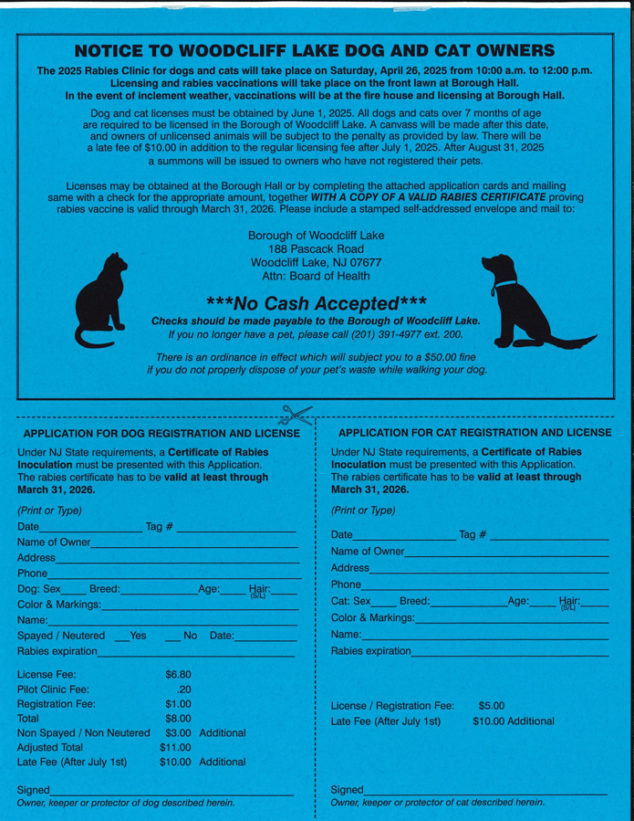 Pet Licensing & Rabies Clinic Information and Application. Click to open an OCR scanned PDF version of it.