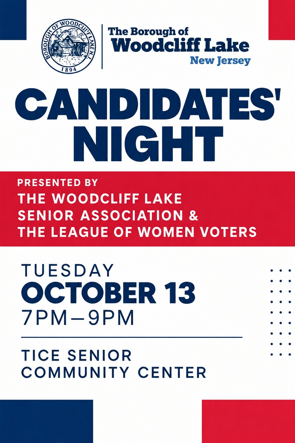Flyer for Candidates' Night, presented by the Woodcliff Lake Senior Association and the League of Women Voters. Tuesday, October 13, 7PM to 9PM, at the Tice Senior Community Center.