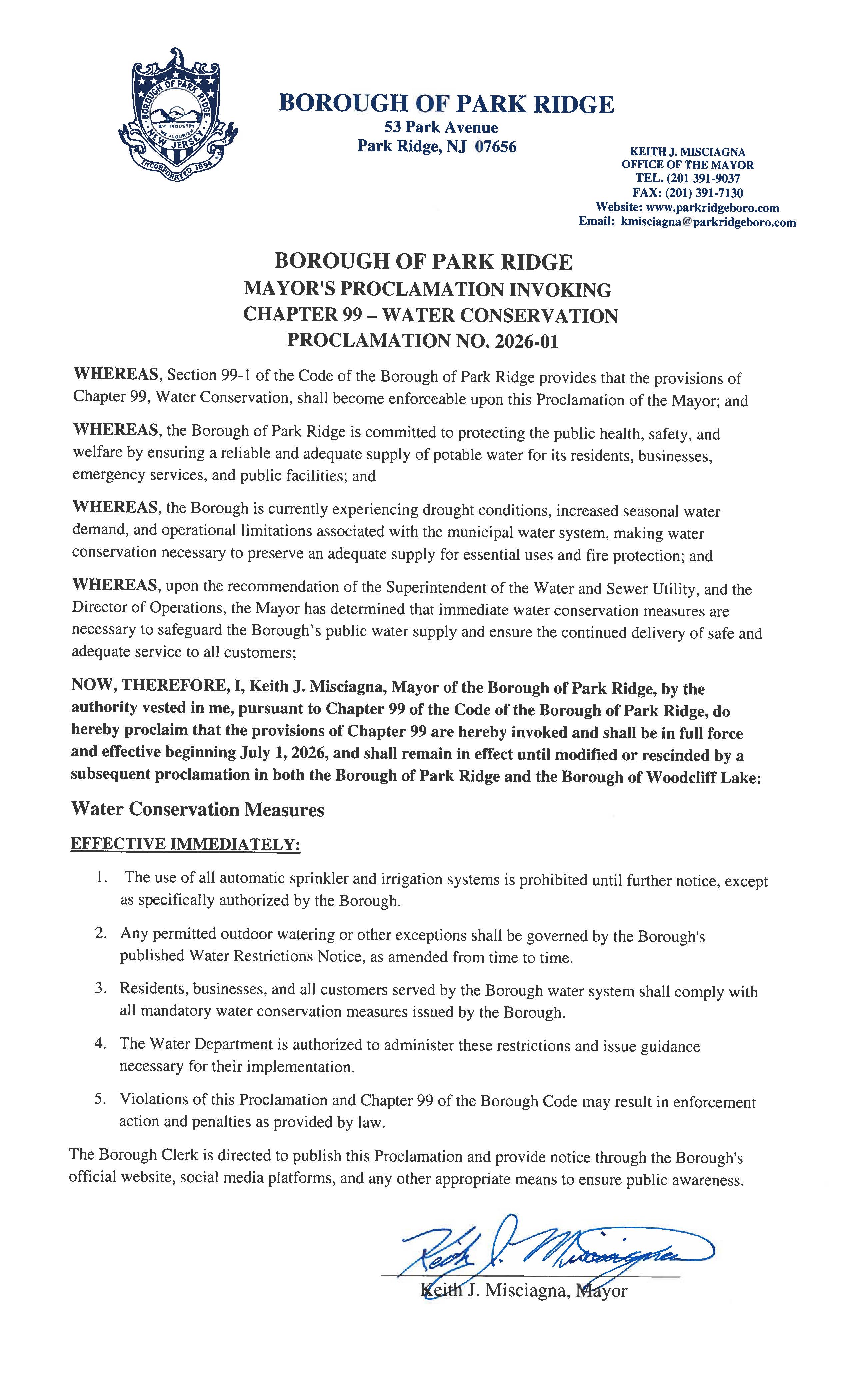 Park Ridge Water Proclamation for Restriction 11 29 08